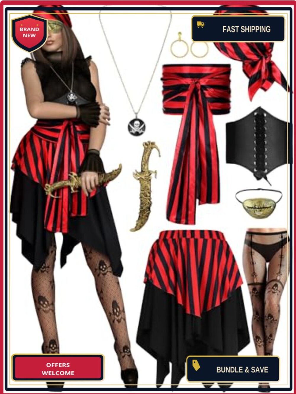 9 Pc Pirate Costume Accessories Set Women Halloween Cosplay Party Outfit